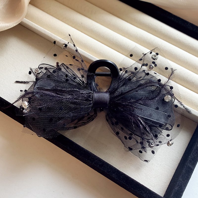 Black lace feather bow clip hair clip for women's back of the head 2024 new high-end shark clip accessory