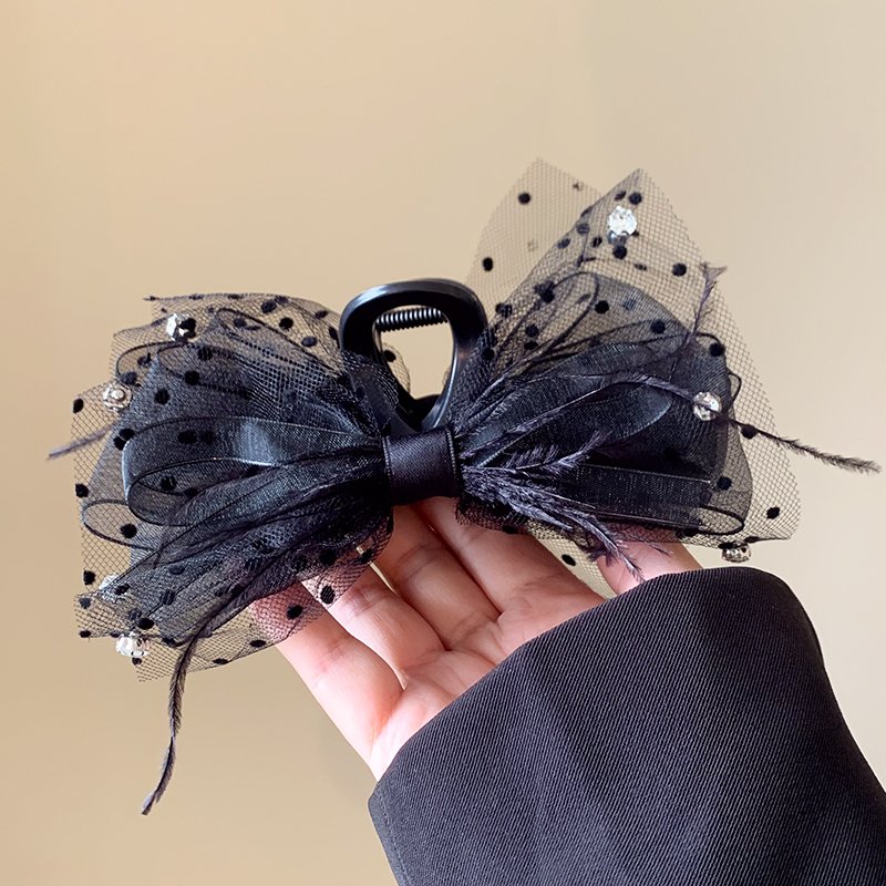 Black lace feather bow clip hair clip for women's back of the head 2024 new high-end shark clip accessory