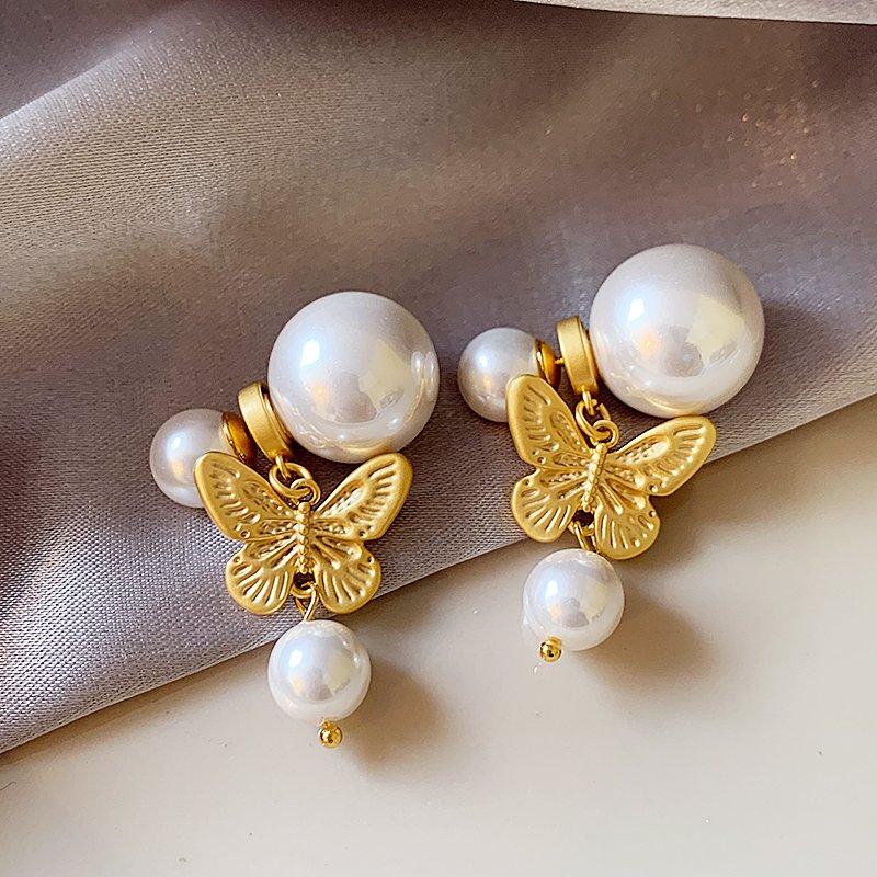 Butterfly double-sided pearl earrings, women's light luxury high-end earrings, 2024 new explosive style, niche and unique earrings