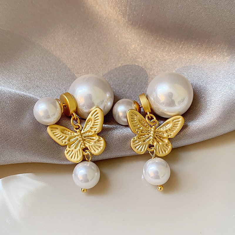 Butterfly double-sided pearl earrings, women's light luxury high-end earrings, 2024 new explosive style, niche and unique earrings