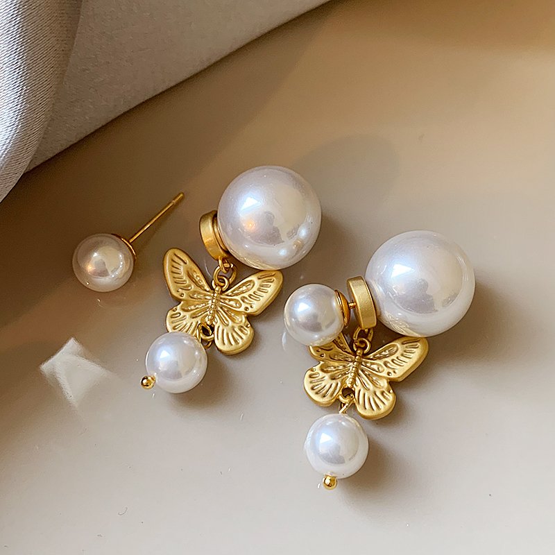 Butterfly double-sided pearl earrings, women's light luxury high-end earrings, 2024 new explosive style, niche and unique earrings