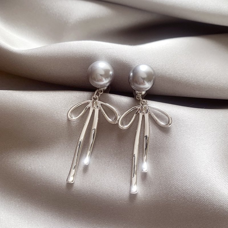 Butterfly knot hemp grey pearl earrings for women 2024 new popular high-end earrings temperament light luxury niche ear accessories