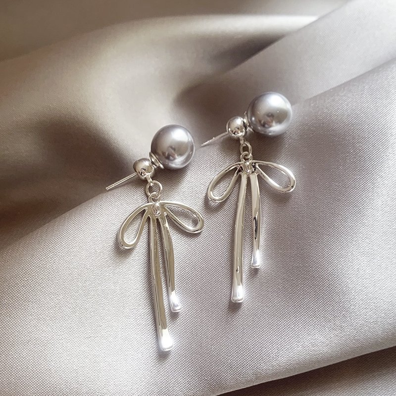 Butterfly knot hemp grey pearl earrings for women 2024 new popular high-end earrings temperament light luxury niche ear accessories