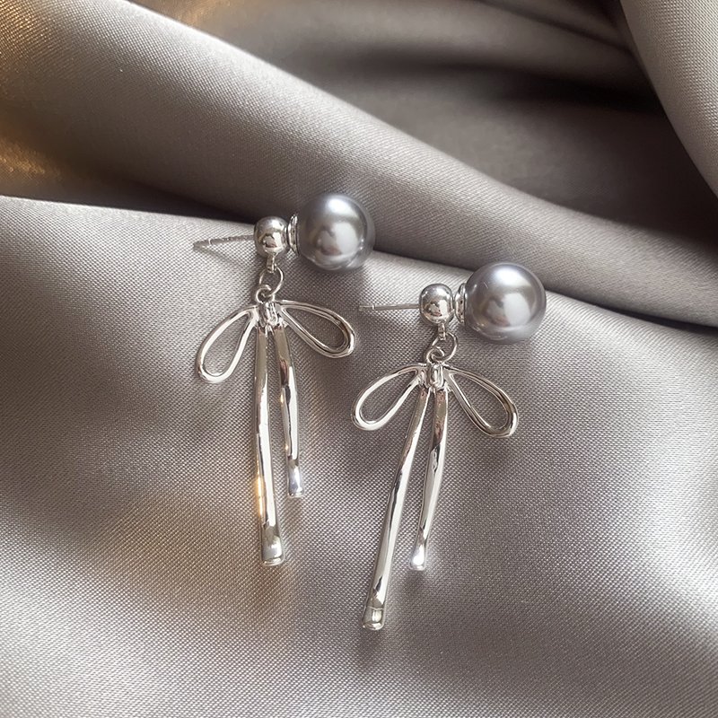 Butterfly knot hemp grey pearl earrings for women 2024 new popular high-end earrings temperament light luxury niche ear accessories