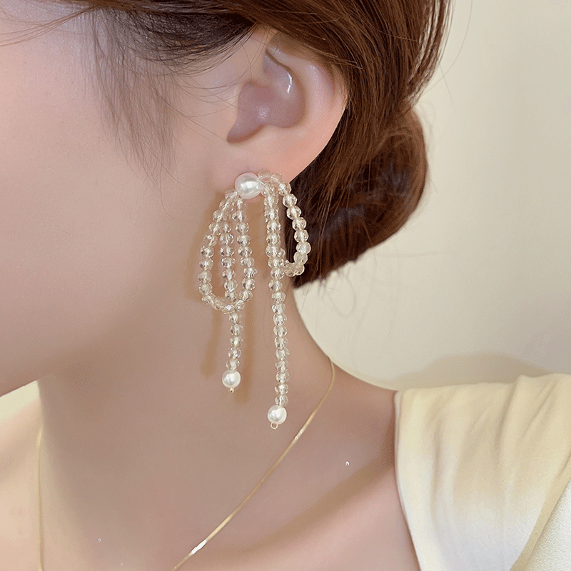 Butterfly knot pearl earrings, women's long tassel earrings, 2024 new style, niche, high-end, temperament earrings