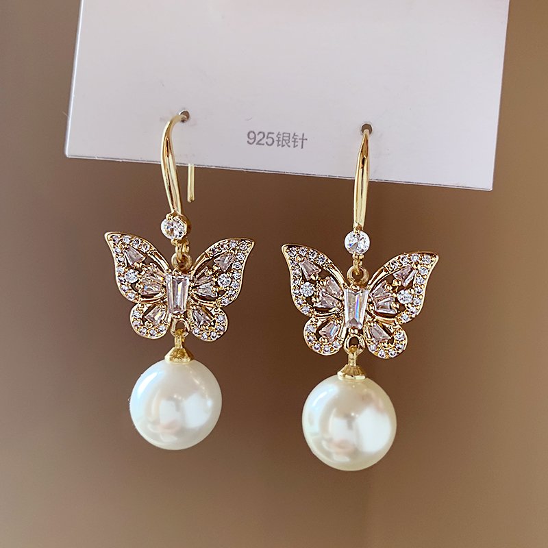 Butterfly pearl tassel earrings, women's light luxury high-end earrings, 2024 new explosive style earrings, summer earrings