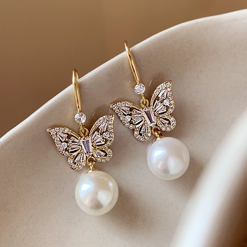 Butterfly pearl tassel earrings, women's light luxury high-end earrings, 2024 new explosive style earrings, summer earrings