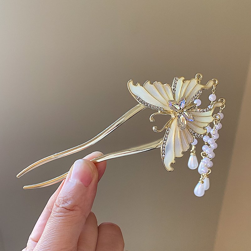 Butterfly tassel U-shaped hairpin, children's light luxury, high-end feeling, new Chinese style coiled hair, step shaking Hanfu headwear, hair accessories