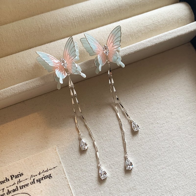 Butterfly tassel earrings, women's light luxury high-end earrings, 2024 new popular item, niche unique earrings, summer earrings