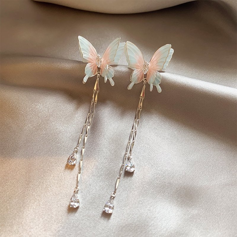 Butterfly tassel earrings, women's light luxury high-end earrings, 2024 new popular item, niche unique earrings, summer earrings