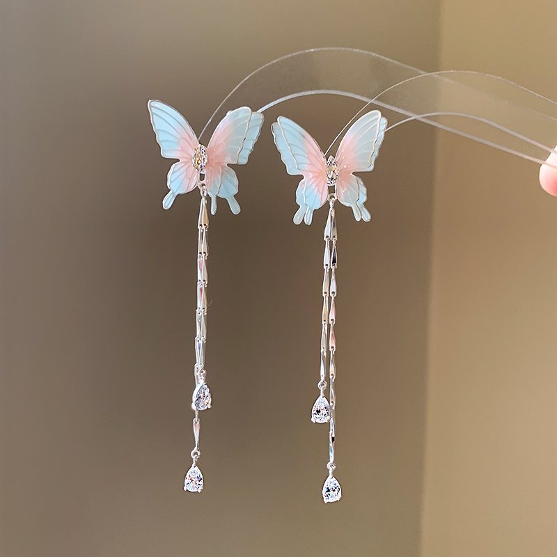 Butterfly tassel earrings, women's light luxury high-end earrings, 2024 new popular item, niche unique earrings, summer earrings