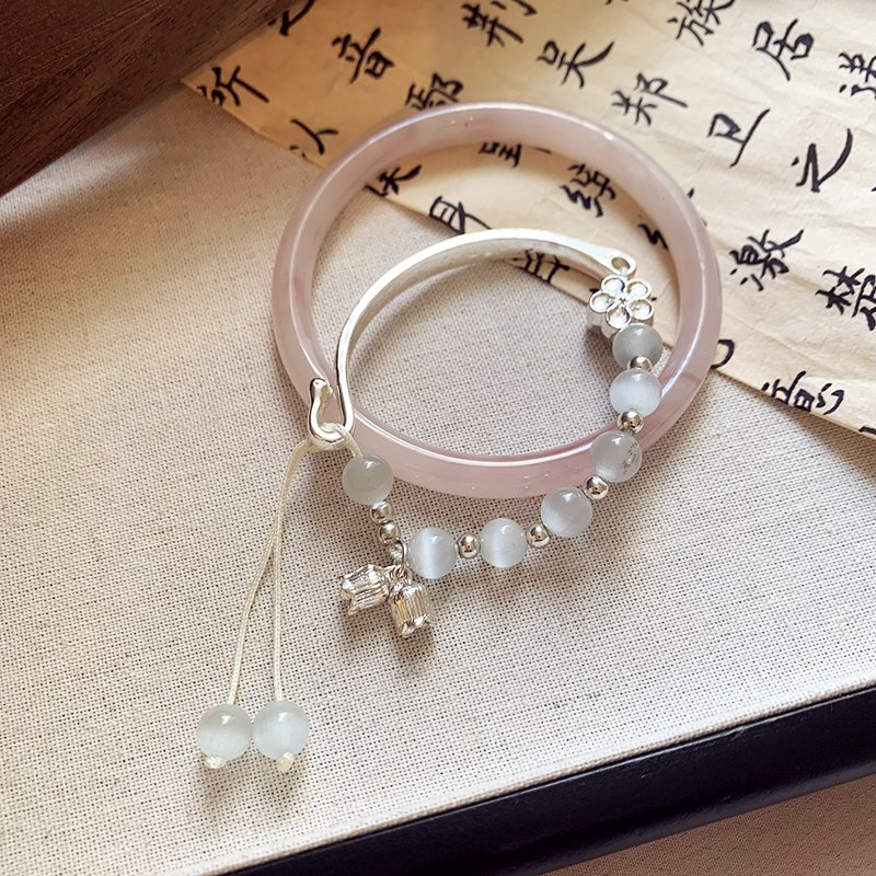 Cat's Eye Fat White Jade Bracelet, Orchid Lily Flower Bracelet, Hand String, Women's Style, Light Luxury, Subtle, Exquisite, Stacked Two Piece Set, Handmade