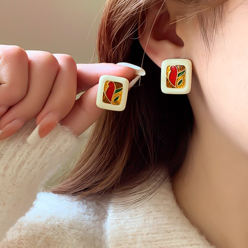 Color blocking drop glazed earrings for women, light luxury, high-end, niche and unique earrings, 2024 new popular ear accessories