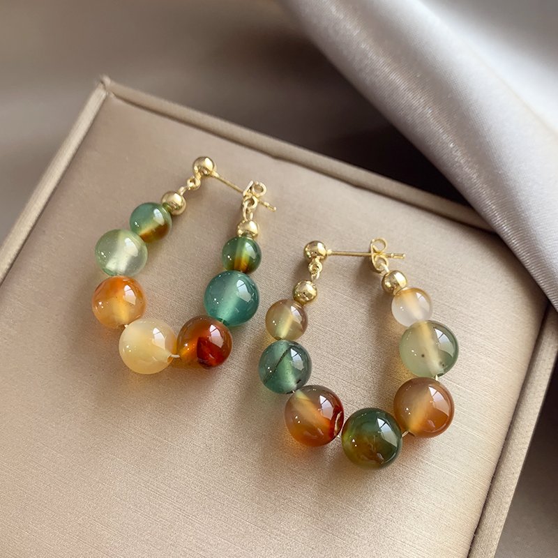 Colorful bead jade earrings for women, with a light luxury and high-end temperament. The earrings are unique and niche, and the 2024 new model is a hot selling item