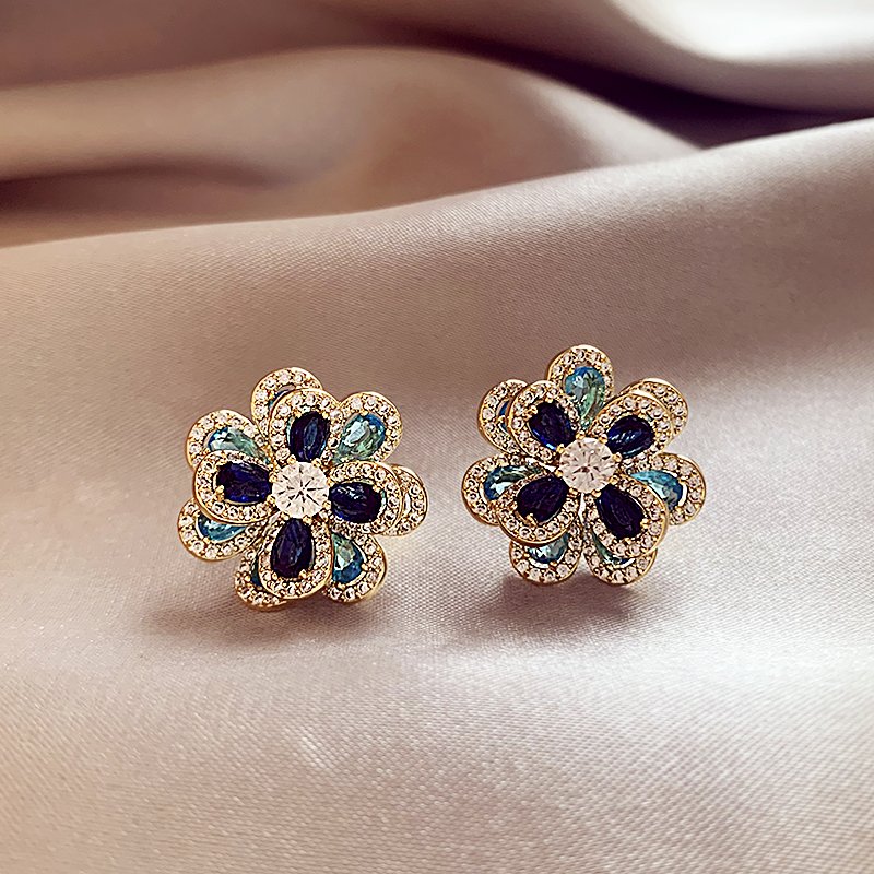 Colorful diamond petal earrings for women, 925 pure silver stud post, light luxury and high-end temperament earrings, 2024 new popular ear accessories