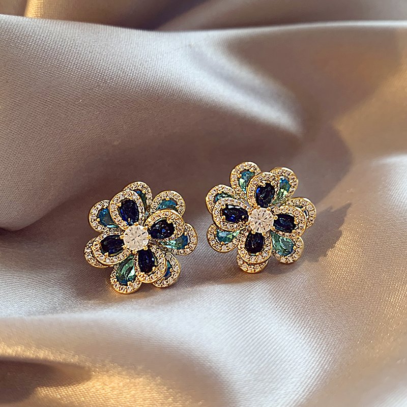 Colorful diamond petal earrings for women, 925 pure silver stud post, light luxury and high-end temperament earrings, 2024 new popular ear accessories