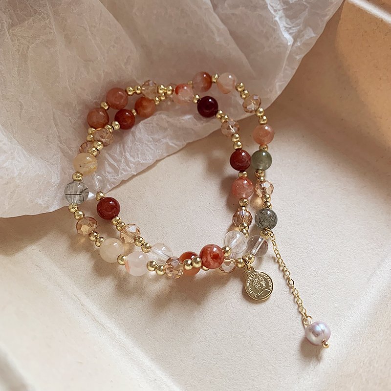 Double layered tea crystal bracelet for women, light luxury, niche, exquisite bracelet, 2024 new high-end crystal bead