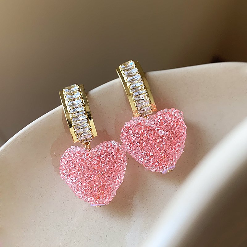 Full of love, pink peach heart earrings for women 2024 new popular high-end earrings, light luxury, niche unique earrings