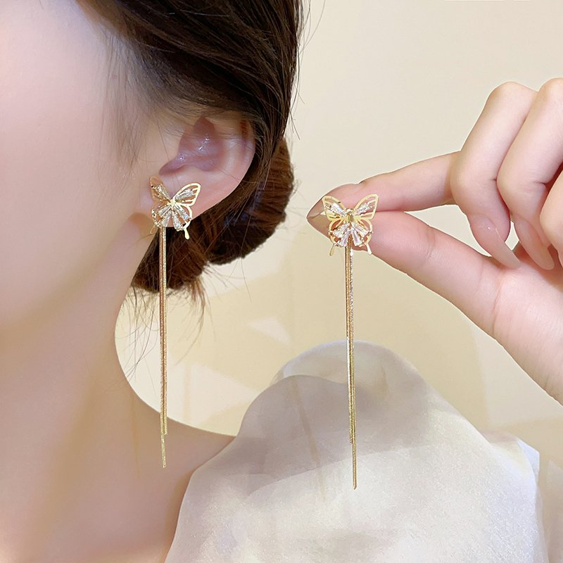 Golden butterfly earrings for women with a high-end feel, light luxury, long tassel earrings, 2024 new popular style, temperament earrings, earrings