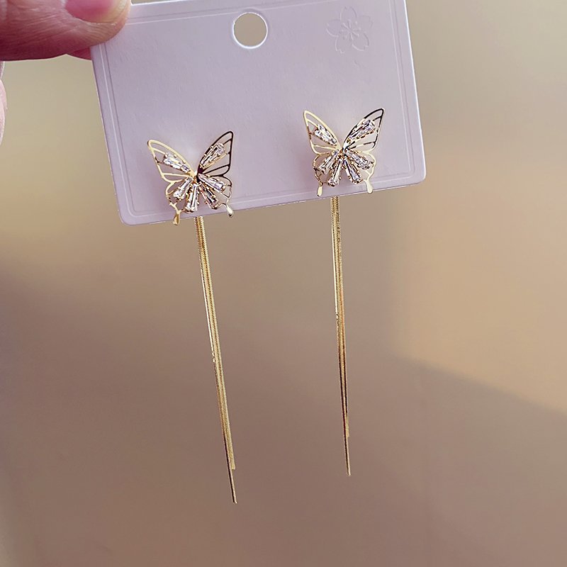 Golden butterfly earrings for women with a high-end feel, light luxury, long tassel earrings, 2024 new popular style, temperament earrings, earrings