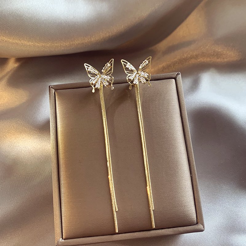 Golden butterfly earrings for women with a high-end feel, light luxury, long tassel earrings, 2024 new popular style, temperament earrings, earrings