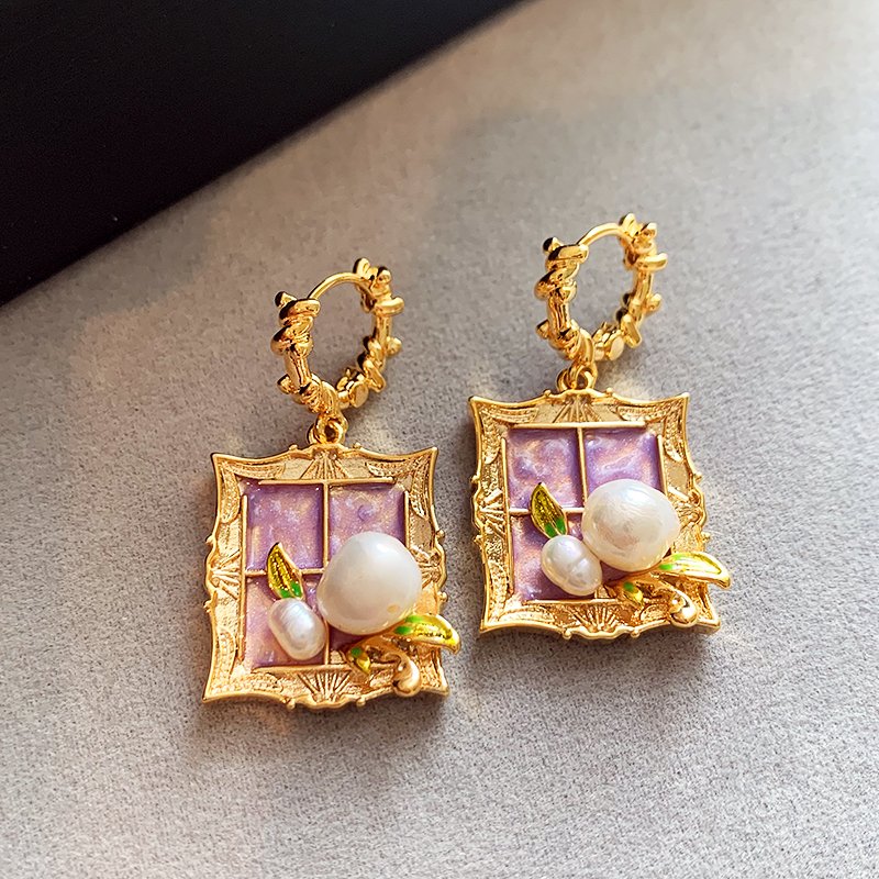 Monet Garden Baroque Natural Pearl Earrings Purple Oil Painting Style Earrings Women's Light Luxury High End Unique Earrings