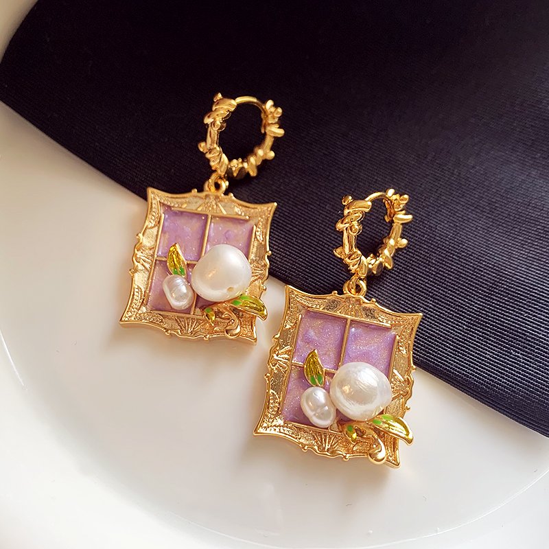 Monet Garden Baroque Natural Pearl Earrings Purple Oil Painting Style Earrings Women's Light Luxury High End Unique Earrings