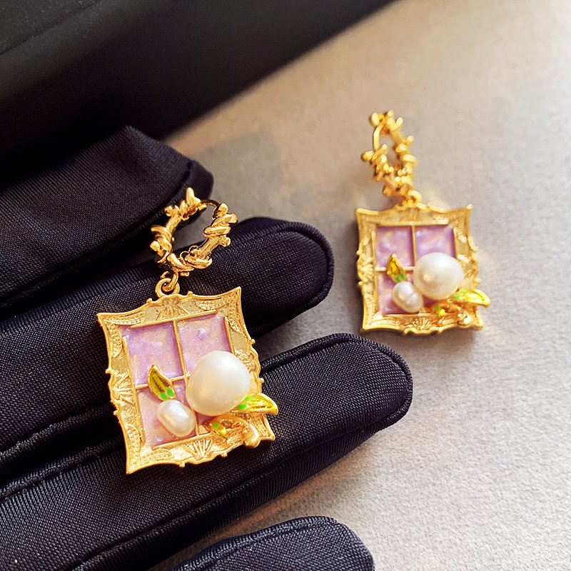 Monet Garden Baroque Natural Pearl Earrings Purple Oil Painting Style Earrings Women's Light Luxury High End Unique Earrings