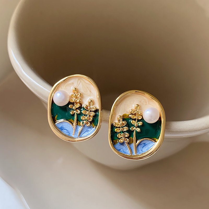 Monet Garden Baroque Pearl Oil Painting Earrings Women's Light Luxury High End Earrings 2024 New Explosive Unique Earrings