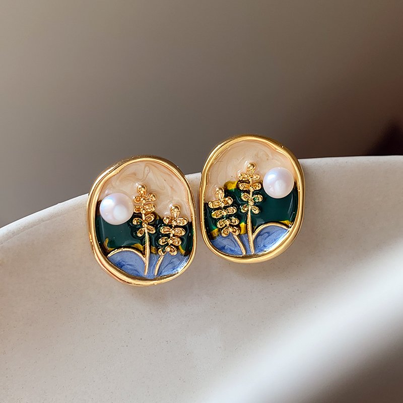 Monet Garden Baroque Pearl Oil Painting Earrings Women's Light Luxury High End Earrings 2024 New Explosive Unique Earrings