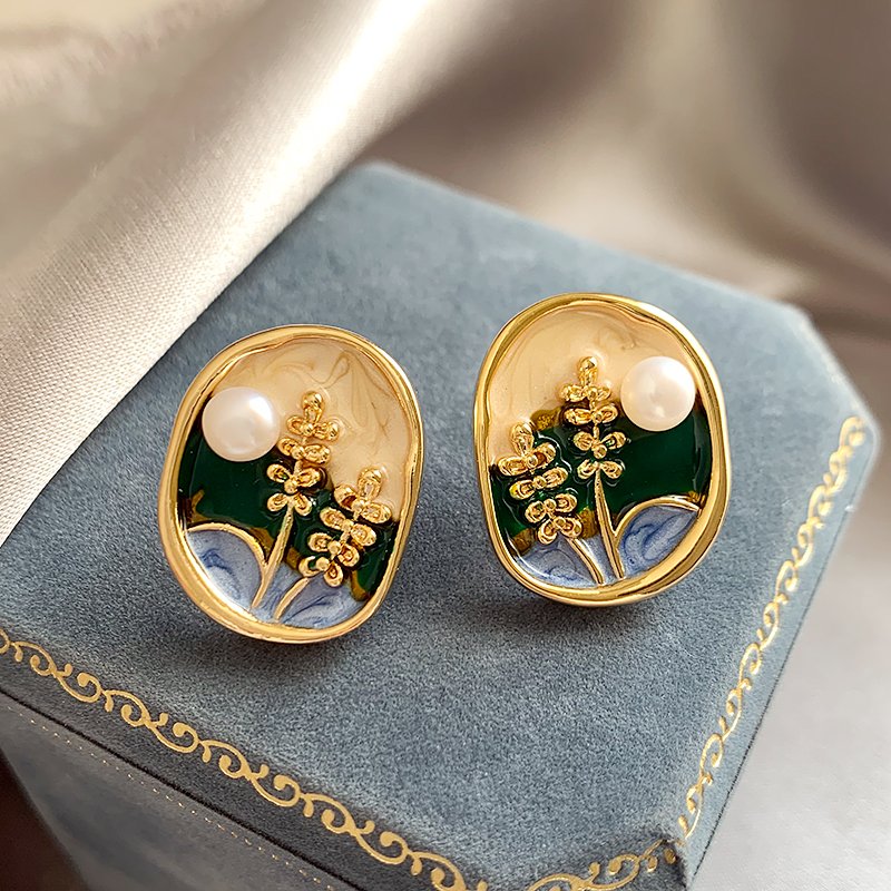 Monet Garden Baroque Pearl Oil Painting Earrings Women's Light Luxury High End Earrings 2024 New Explosive Unique Earrings