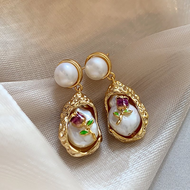 Monet Garden Irregular Baroque Natural Pearl Earrings for Women, Light Luxury, High Grade Earrings, Small and Unique Earrings