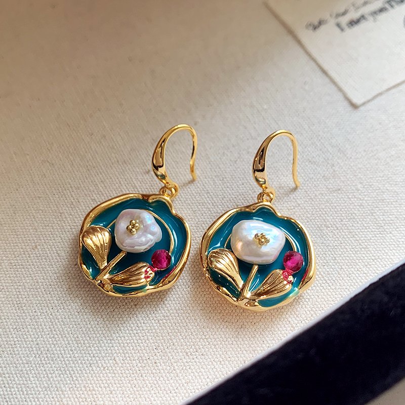 Monet Garden oil painting irregular Baroque natural pearl earrings 2024 new popular high-end earrings for women