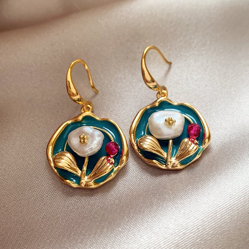 Monet Garden oil painting irregular Baroque natural pearl earrings 2024 new popular high-end earrings for women