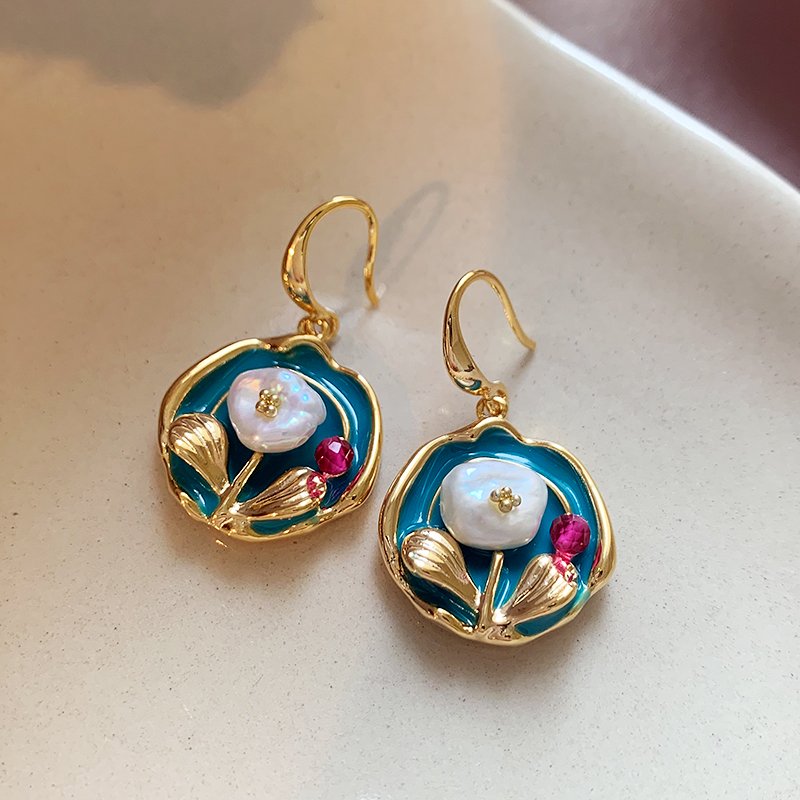 Monet Garden oil painting irregular Baroque natural pearl earrings 2024 new popular high-end earrings for women