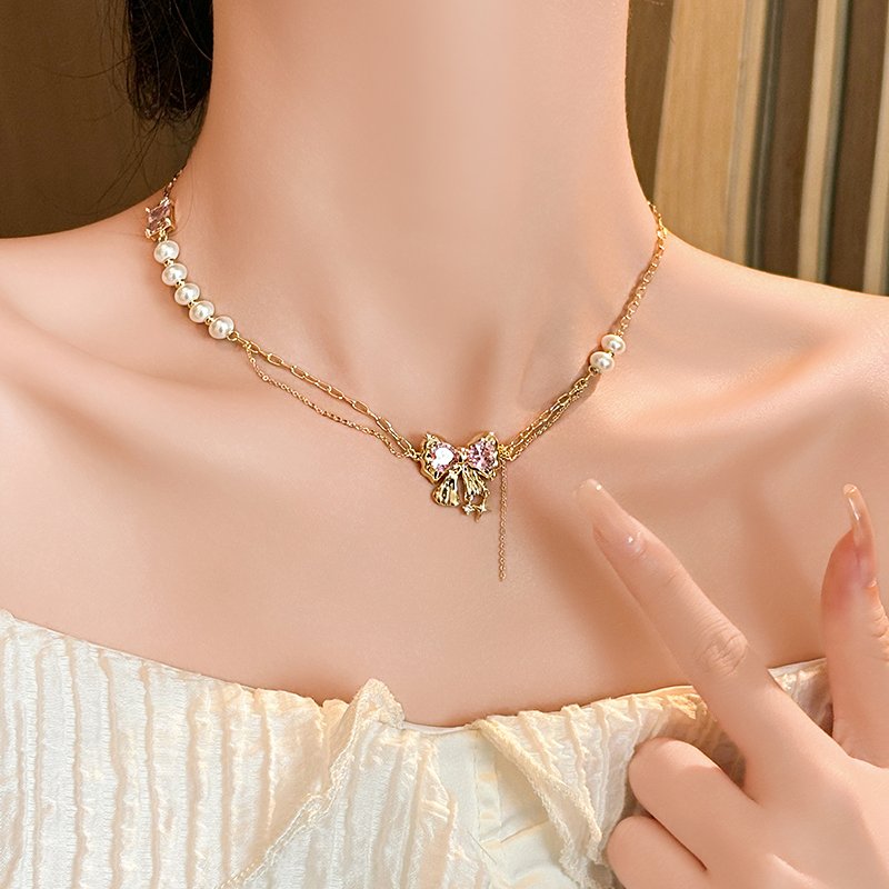 Original Meteor Bow Necklace Women's 2024 New Jewelry Pearl Neck Chain Niche Clavicle Chain Pendant Accessories