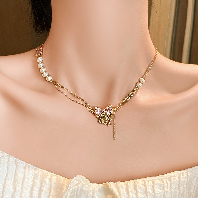 Original Meteor Bow Necklace Women's 2024 New Jewelry Pearl Neck Chain Niche Clavicle Chain Pendant Accessories