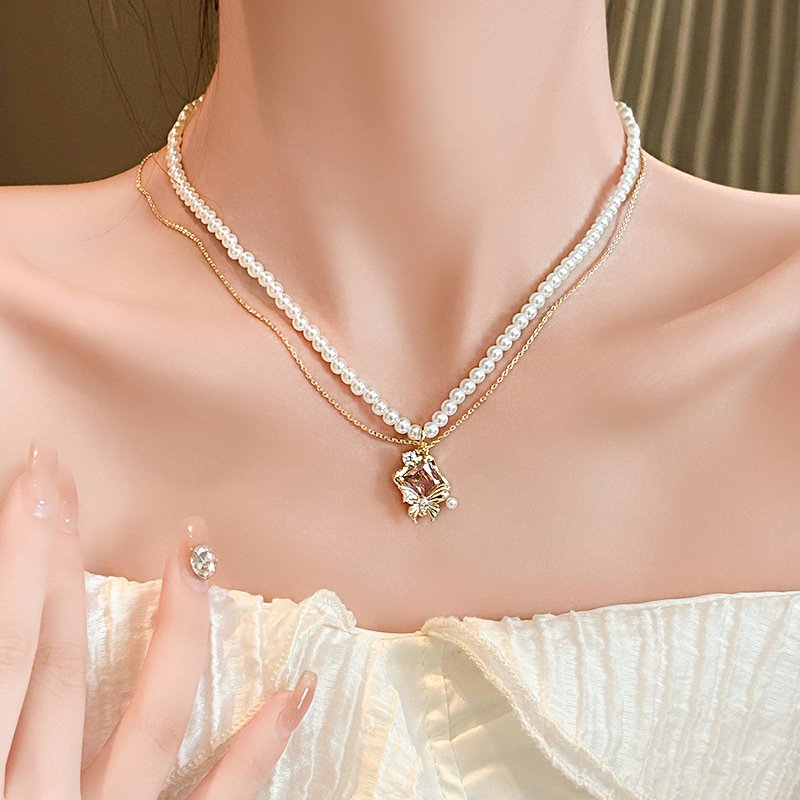 Original Qimeng Butterfly Pearl Necklace Women's Jewelry Pendant 2024 New Neckland Light Luxury Niche Clavicle Chain Accessories