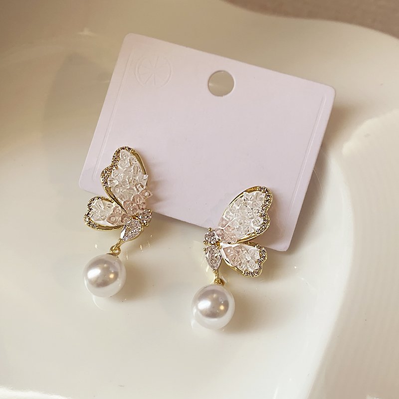 Pearl butterfly earrings, women's light luxury high-end temperament earrings, 2024 new popular unique ear accessories