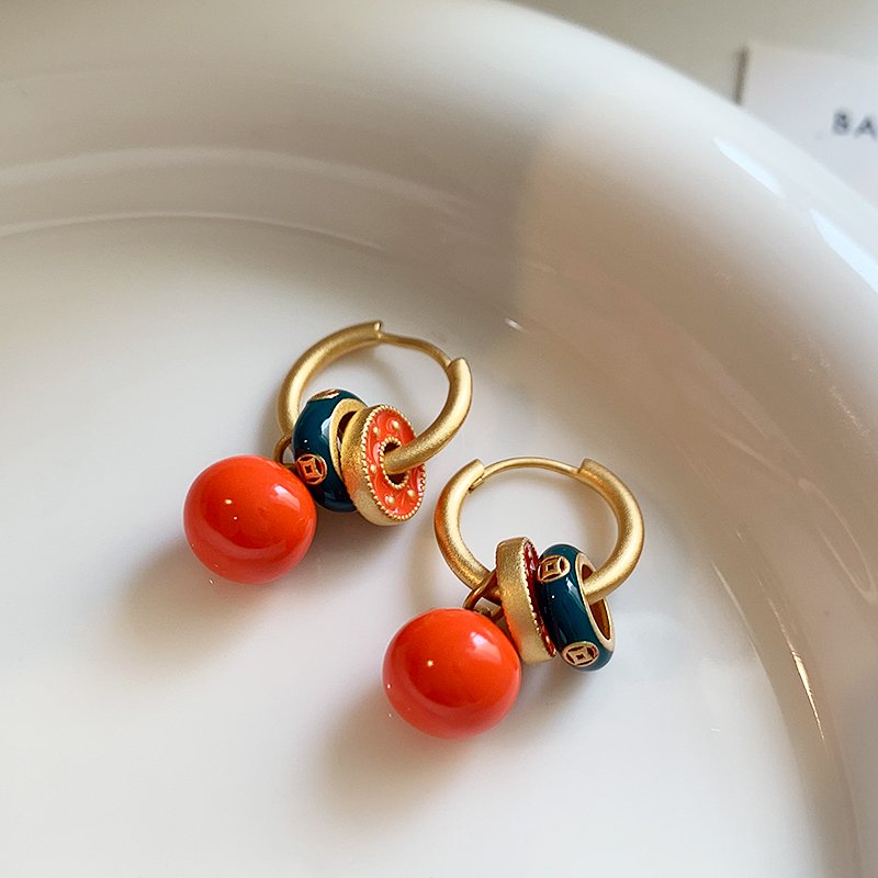 Persimmon Ruyi Chinese style earrings for women with a light luxury and high-end feel, 2024 new explosive style earrings with temperament, new Chinese style earrings