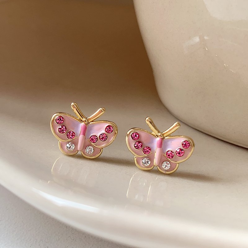 Pink butterfly earrings, women's pure silver, light luxury and high-end earrings, 2024 new popular, niche and unique summer earrings