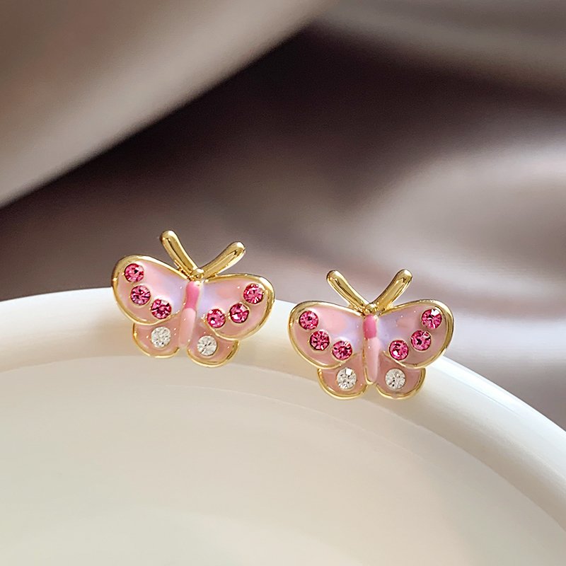 Pink butterfly earrings, women's pure silver, light luxury and high-end earrings, 2024 new popular, niche and unique summer earrings