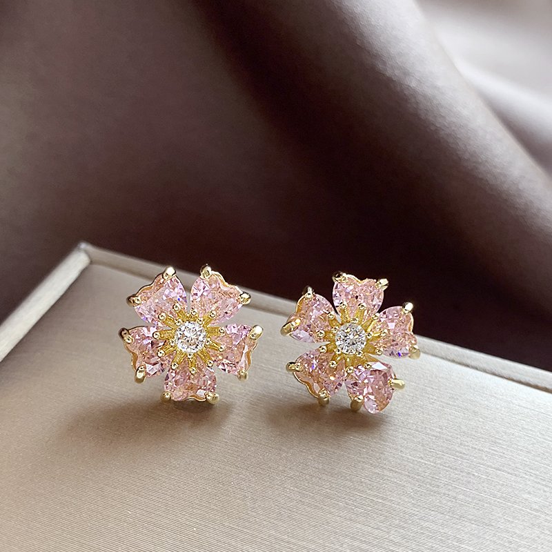 Pink flower earrings for women 925 pure silver stud post temperament earrings 2024 new popular light luxury high-end ear accessories