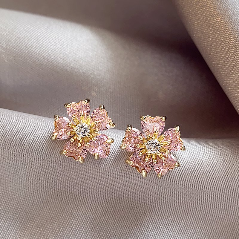 Pink flower earrings for women 925 pure silver stud post temperament earrings 2024 new popular light luxury high-end ear accessories