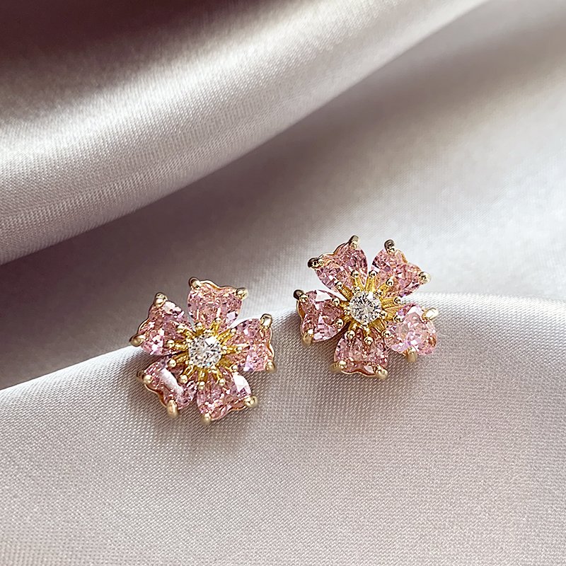 Pink flower earrings for women 925 pure silver stud post temperament earrings 2024 new popular light luxury high-end ear accessories