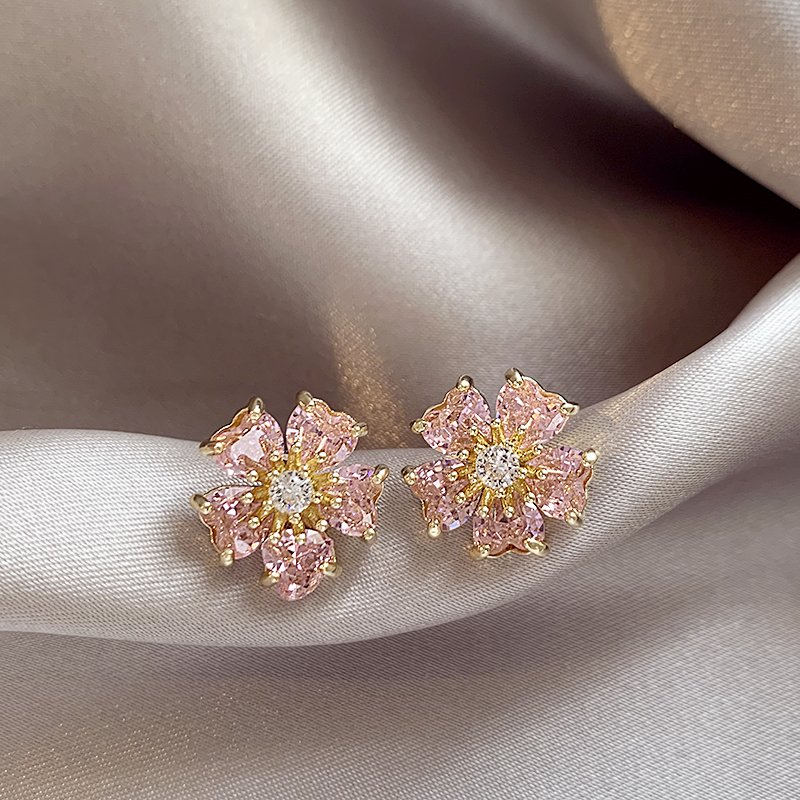 Pink flower earrings for women 925 pure silver stud post temperament earrings 2024 new popular light luxury high-end ear accessories