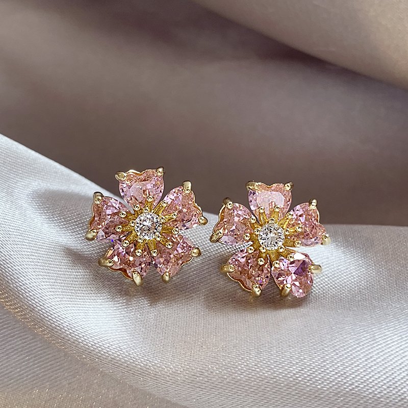 Pink flower earrings for women 925 pure silver stud post temperament earrings 2024 new popular light luxury high-end ear accessories