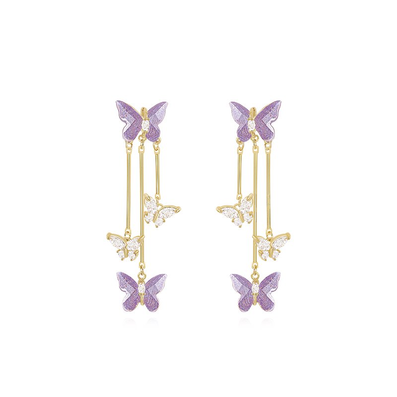 Purple butterfly tassel earrings, female niche high-end earrings, 2024 new popular style, temperament ear accessories