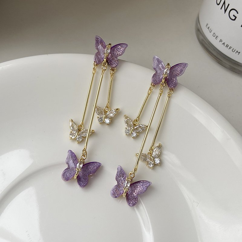 Purple butterfly tassel earrings, female niche high-end earrings, 2024 new popular style, temperament ear accessories