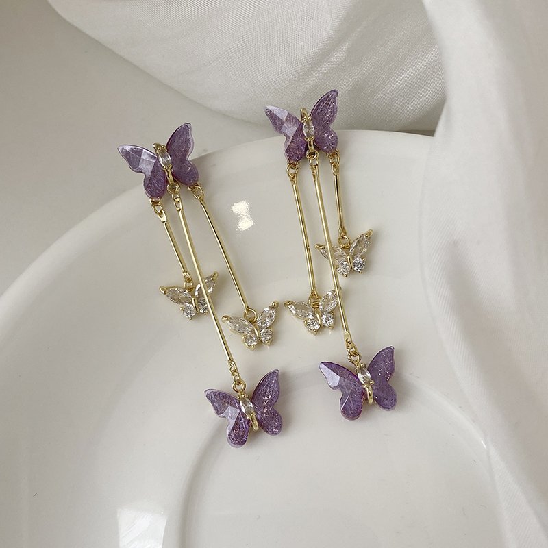 Purple butterfly tassel earrings, female niche high-end earrings, 2024 new popular style, temperament ear accessories